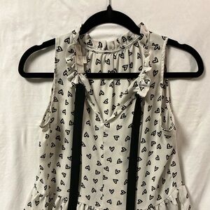 LOFT White Sleeveless Heart Print Ruffle Tie Neck Blouse